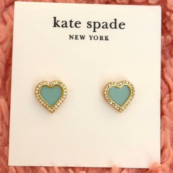 KATE SPADE EARRINGS ⭐️TAKE HEART PAVE STUDS - MINT ENAMEL CZ GOLD TONE-Pierced - Picture 6 of 8